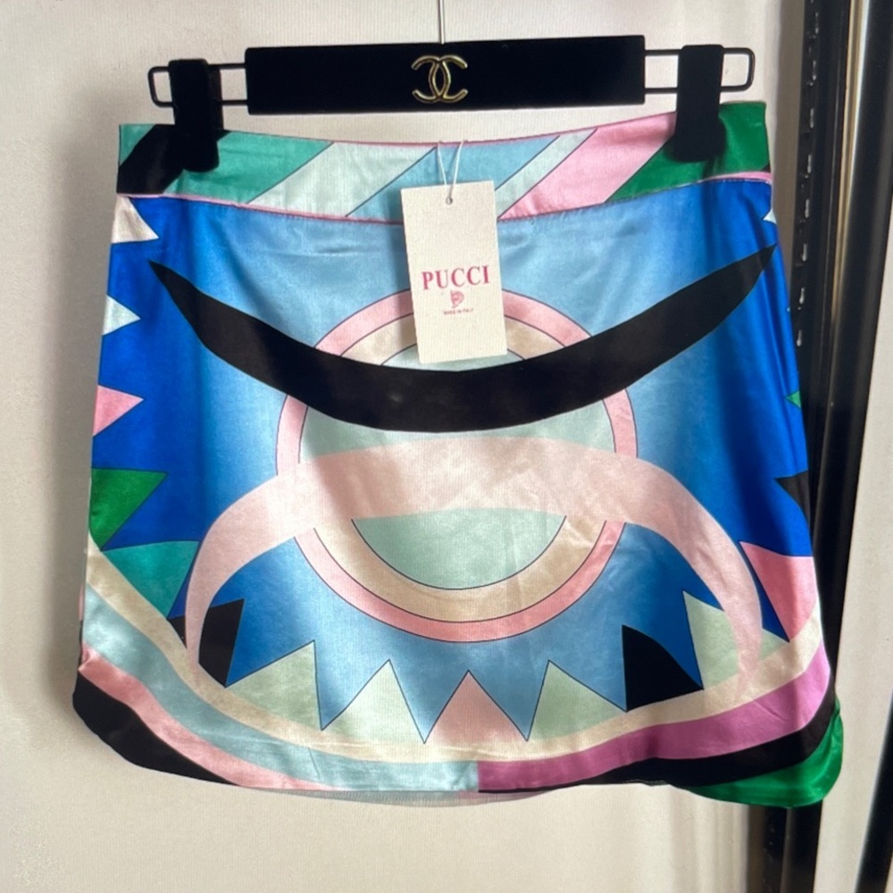 Emilio Pucci Blue, Pink & Green Geometric Silk Mini Skirt